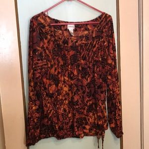 Embossed black/rust velvet long sleeve top